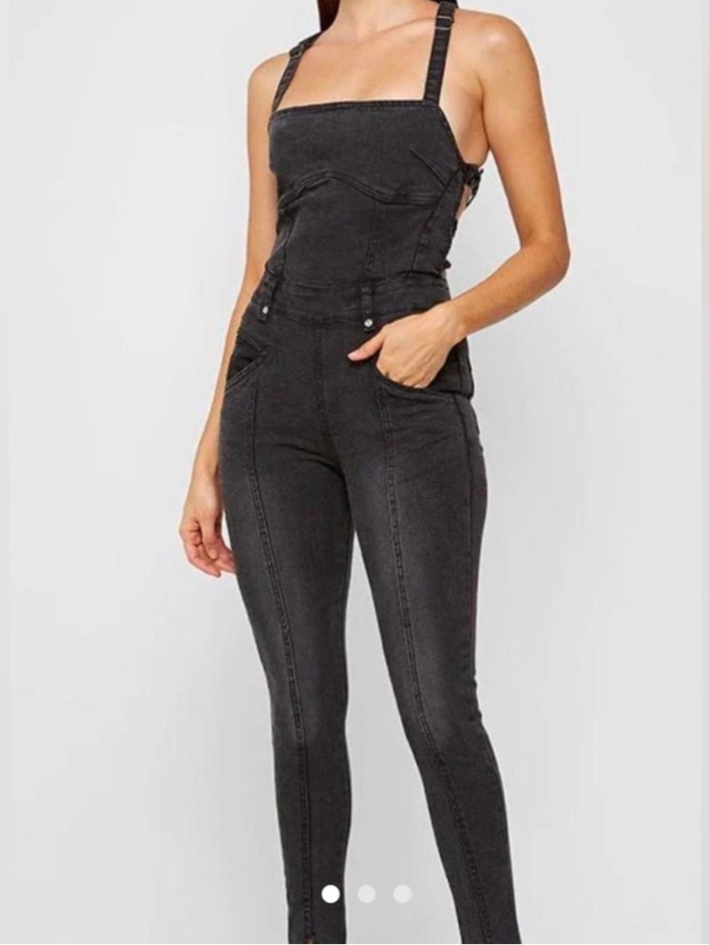 Manière De Voir Black Denim Lace-Up Jumpsuit Stretch Bodycon Size UK 10 (US 6)
